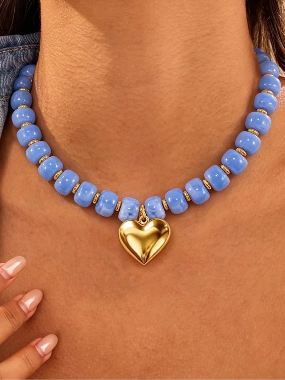 Anthropologie Gold Tone Heart Pendant Blue Bead Necklace - Women Jewelry - Picture 3 of 6